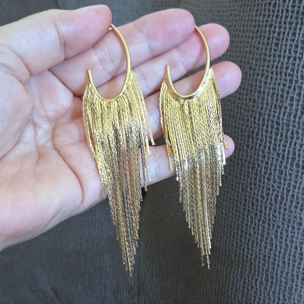 House🏠 of Harlow 1960 Dangling Gold💛 Cobra🐍 Chain⛓ Tassels Earrings - Picture 3 of 15